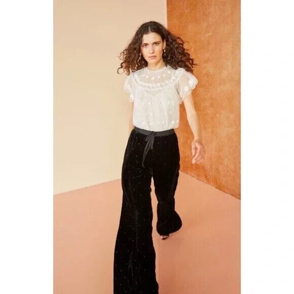 Ulla Johnson EUC Black Velvet Maia Polka Dot Wide Leg Pants Size 2 - Picture 3 of 11